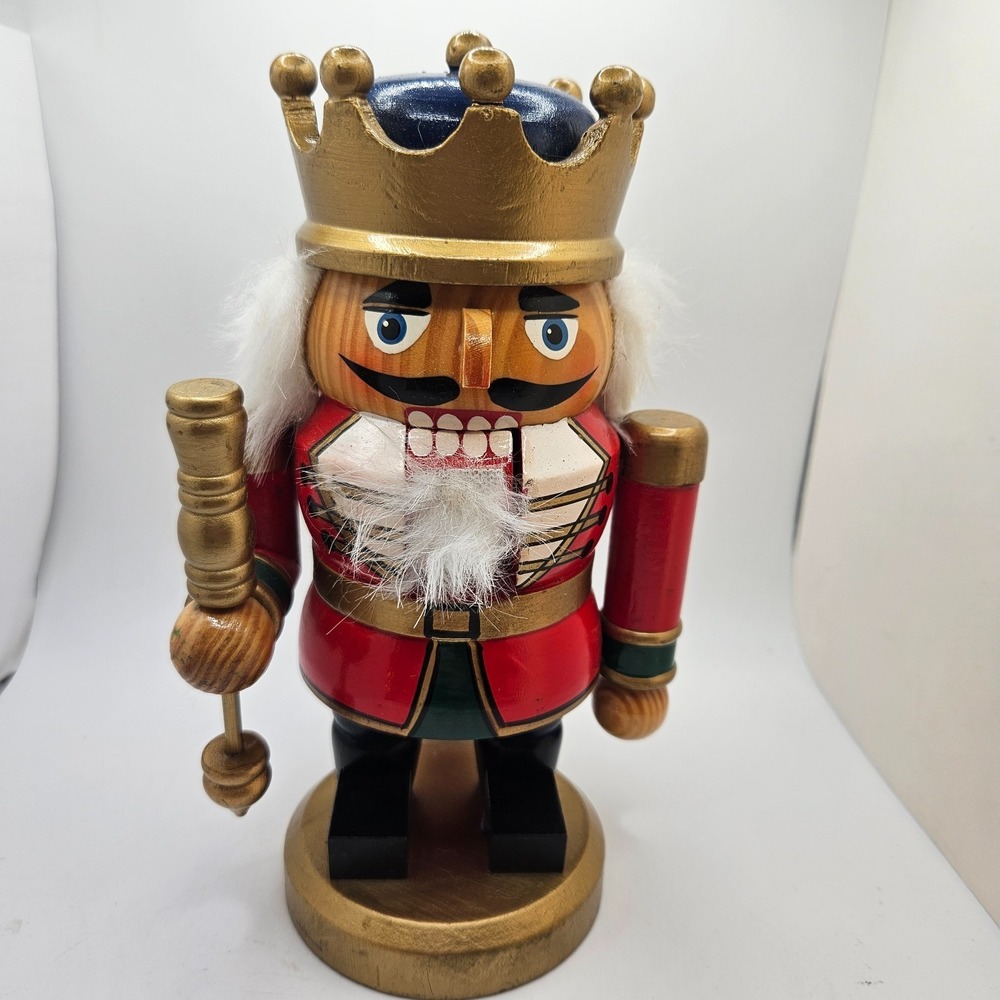 Vintage Wooden King Nutcracker‎ 8" Red Gold Crown Faux Fur Beard Christmas Decor